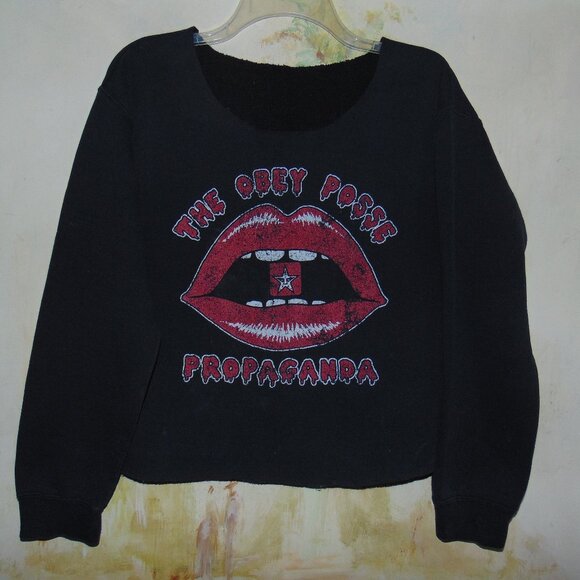 OBEY Posse Propaganda SWEATSHIRT Cut Raw Hem Neck Womens Gothic Grunge Top M/L - Picture 6 of 10